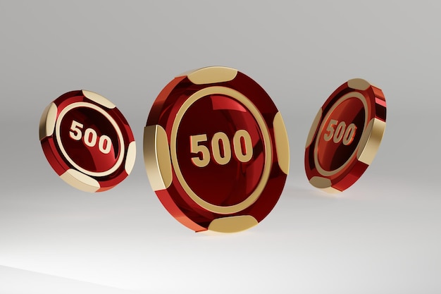 Foto een rode en gouden pokerchip met het nummer 500 erop.
