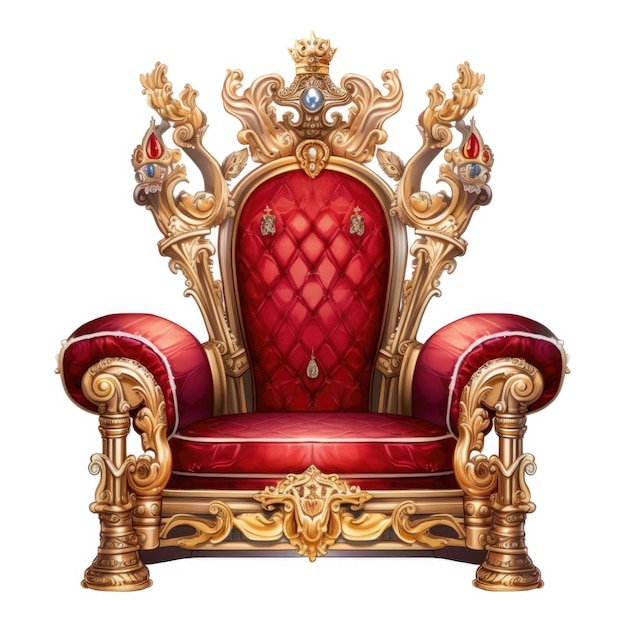 Een rode en gouden troon met juwelen erop.