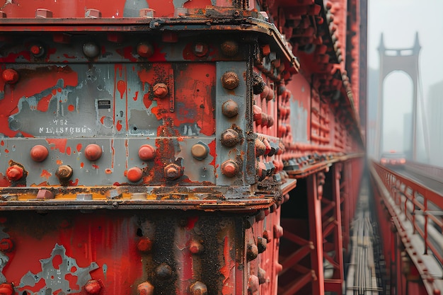 Een rode en grijze brug met roestige metalen reling en een brug op de achtergrond met een mistige lucht