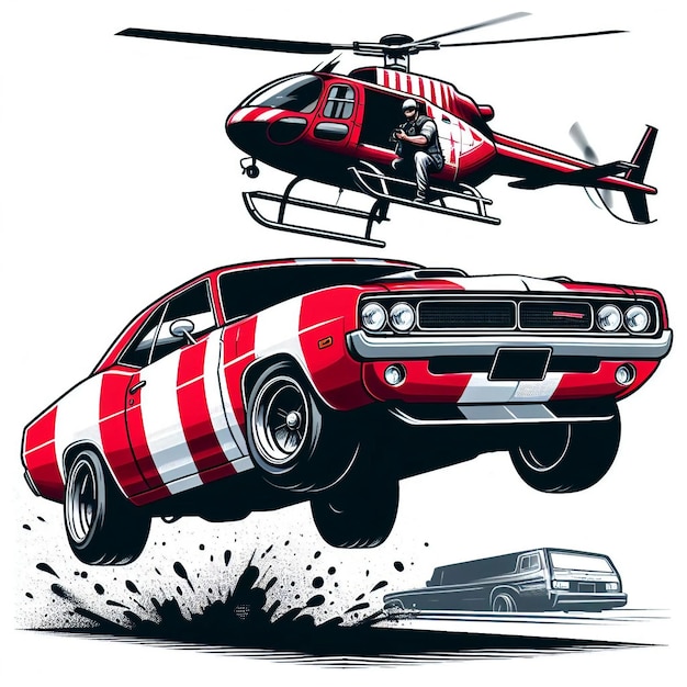 een rode en witte helikopter met een rode streep aan de zijkant en de woorden de auto aan de onderkant