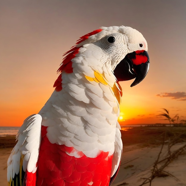 Een rode en witte papegaai met een zonsondergang Ai gegenereerd