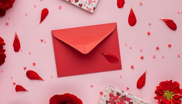 Een rode envelop met een rood hart erop zit op een roze achtergrond met een geschenkdoos en een geschenkdoos met een rood hart erop.