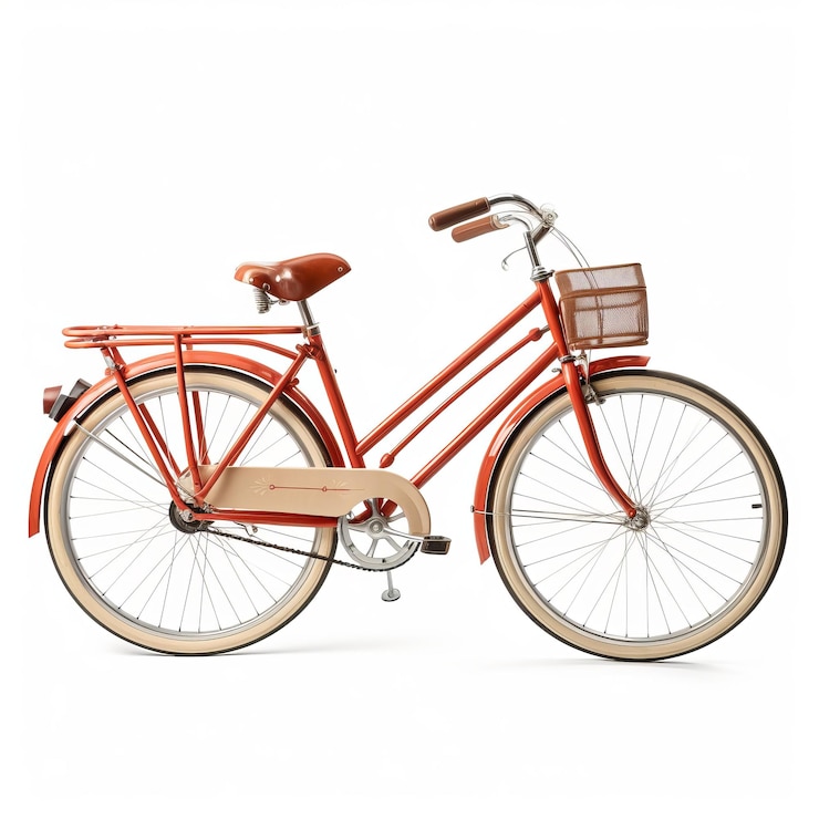 Foto een rode fiets met een mand aan de voorzijde en het voorwiel ervan is een mand