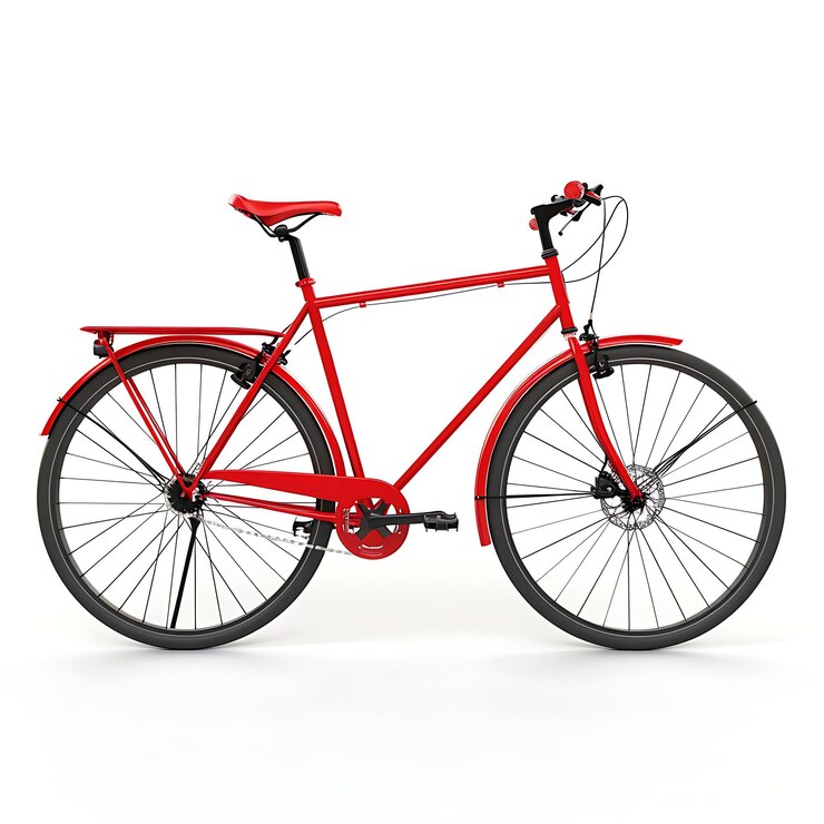 Foto een rode fiets met een zwart wiel waarop staat: fiets.