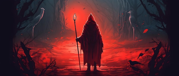 Een rode figuur in een donker bos met een speer in zijn hand.