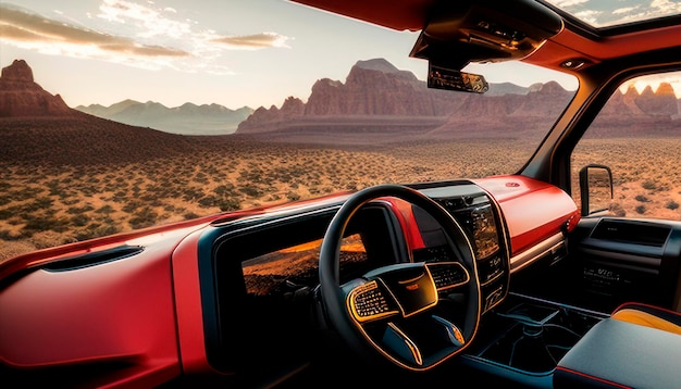 Foto een rode ford bronco uit 2020 wordt getoond vanuit de binnenkant van een voertuig