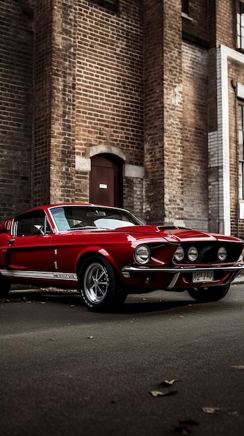 Een rode Ford Mustang staat geparkeerd voor een bakstenen gebouw.