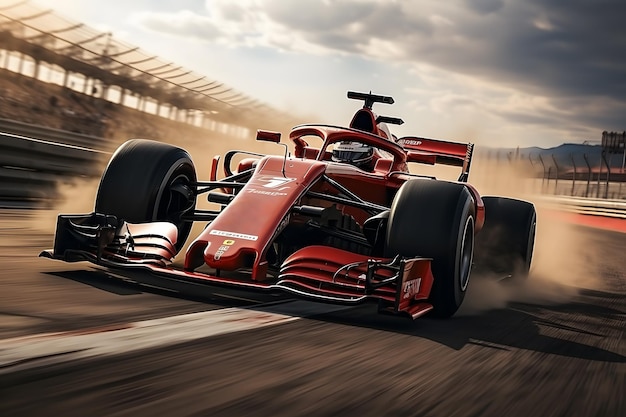 Een rode Formule 1-auto in actie die snelheid en precisie toont op het racebaan