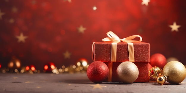 Een rode geschenkdoos met een gouden lint en een rode kerstbal op tafel