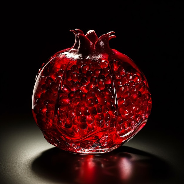 Een rode glasvrucht met een zwarte achtergrond en een rode appel in het midden.