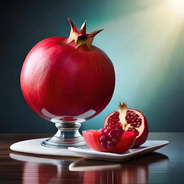 Een rode granaatappel op een bord met een glas en een bord met een druif erop.