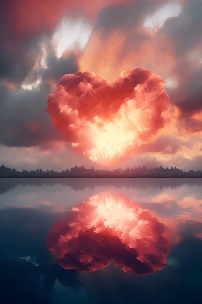 Een rode hartvormige wolk weerspiegelde op het wateroppervlak, een verrukking voor Valentijnsdag