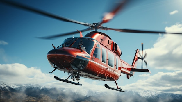 een rode helikopter die in een helderblauwe lucht vliegt
