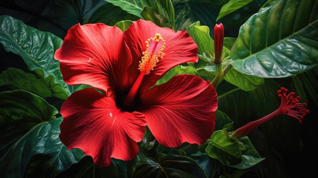 Een rode hibiscusbloem wordt getoond in het midden van een donkere achtergrond ai