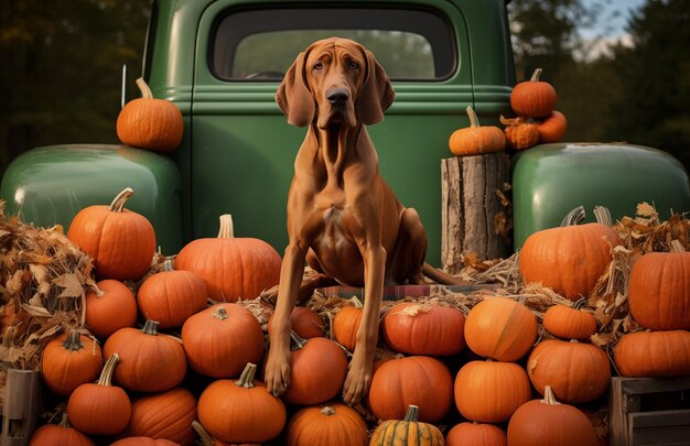 Een rode hond koelt op de achterkant van een pick-up gevuld met pompoenen en herfstbladeren