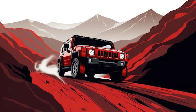 Een rode jeep rijdt over een bergweg.