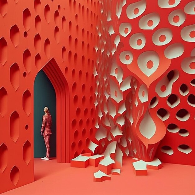 Een rode kamer met een man in pak die voor een muur staat met een rode achtergrond en een groot gat in het midden.