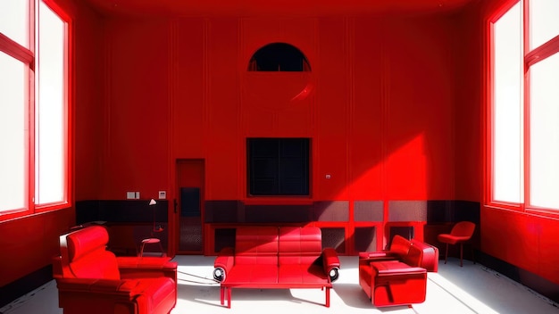Een rode kamer met een rode muur en een zwarte tv aan de muur.