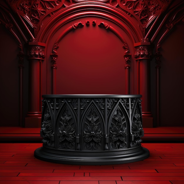 Een rode kamer met een zwarte tafel en rode muren.