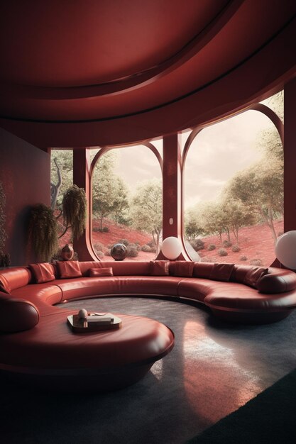 Een rode kamer met uitzicht op de planeet mars.