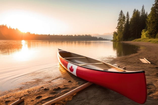 Een rode kano ligt op een strand met daarachter de ondergaande zon.