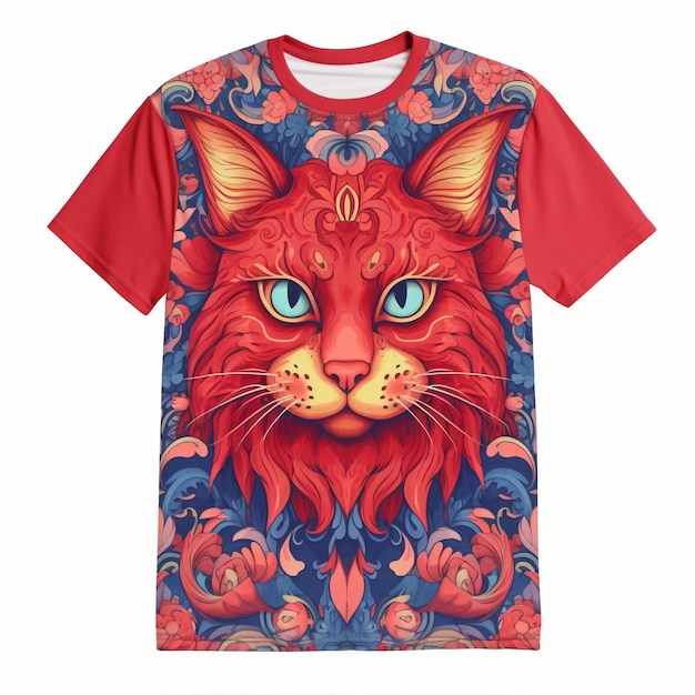 Foto een rode kat met een blauw oog staat op een rood t-shirt.