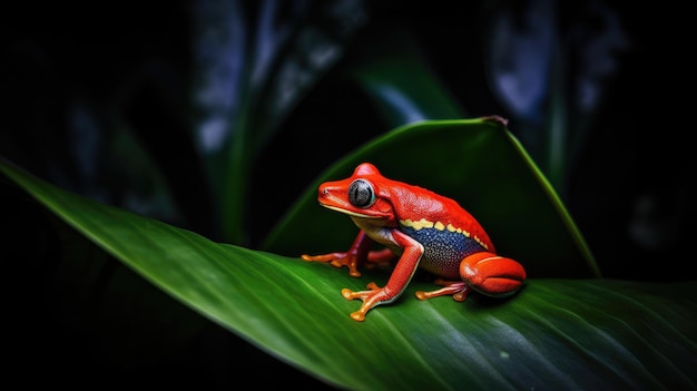 Een rode kikker zit op een blad in het regenwoud.