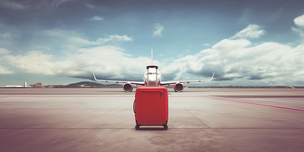 Een rode koffer op het landingsbaan reisconcept