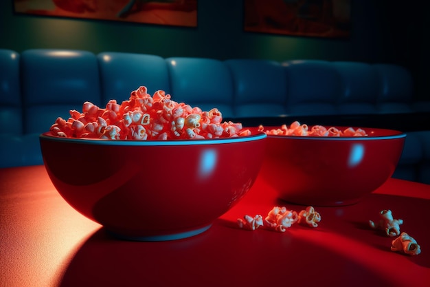 Een rode kom popcorn staat op een tafel voor een blauwe bank.