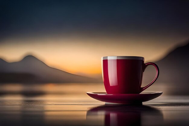 Foto een rode kop koffie met de zonsondergang op de achtergrond