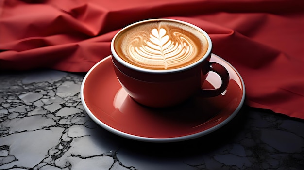 Foto een rode kop koffie met een rode doek op de tafel