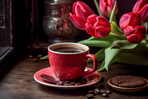 Een rode kop koffie staat op een tafel naast een bord met koekjes en een kop koffie.