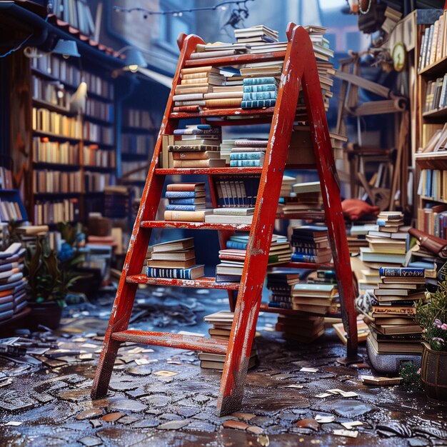 Foto een rode ladder leunt tegen een stapel boeken in een verwoeste bibliotheek