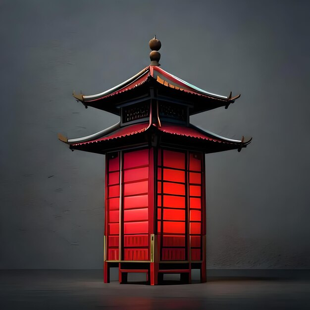 een rode lantaarn met een rood dak en een zwarte achtergrond