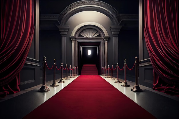 Een rode loper die leidt naar een ingang van een glamoureuze locatie zoals een theater of gala