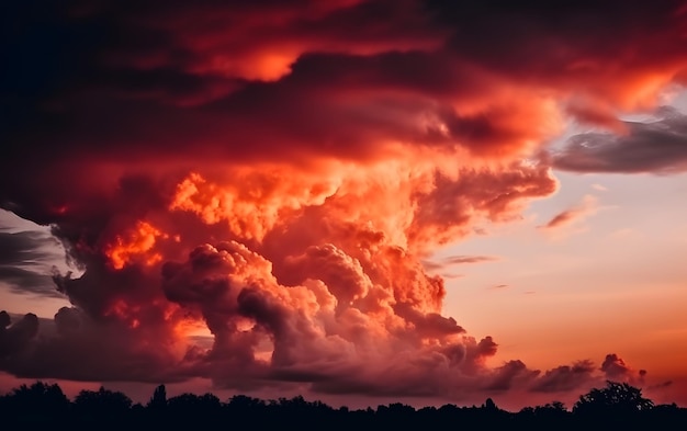 Foto een rode lucht met een wolk waarop 'vuur' staat