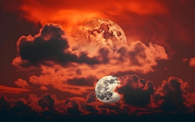 Een rode maan en de maan aan de hemel