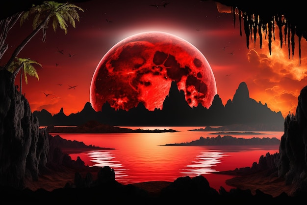Een rode maan wordt gezien boven een meer.