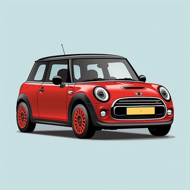 een rode mini met een geel kenteken waarop staat "de auto is rood".