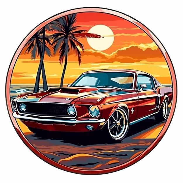 Een rode Mustang geparkeerd op het strand met palmbomen generatieve ai