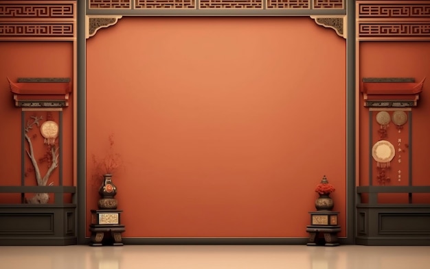 Een rode muur met een grote oranje muur met daarop twee kleine vazen.