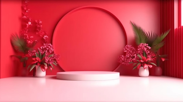 Een rode muur met een rode achtergrond en een vaas met bloemen erop.