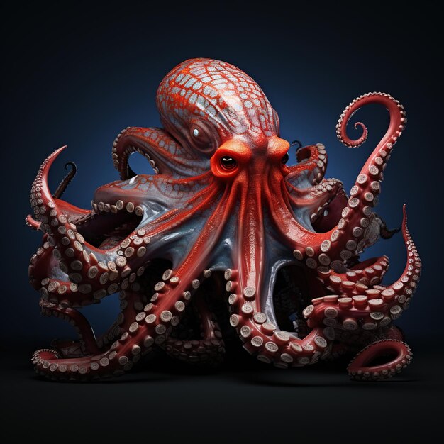 Een rode octopus met blauwe ogen zit op een donkerblauwe achtergrond