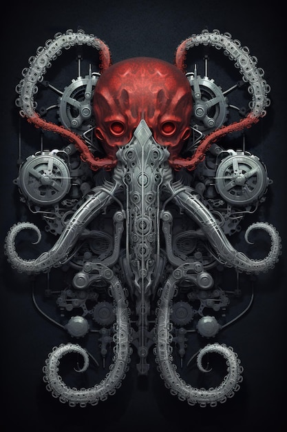 Foto een rode octopus met tandwielen aan zijn kop generatief ai-beeld