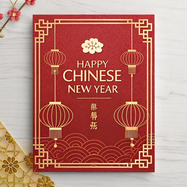 Een rode omslag met Chinese tekst waarop staat: Gelukkig Nieuwjaar.