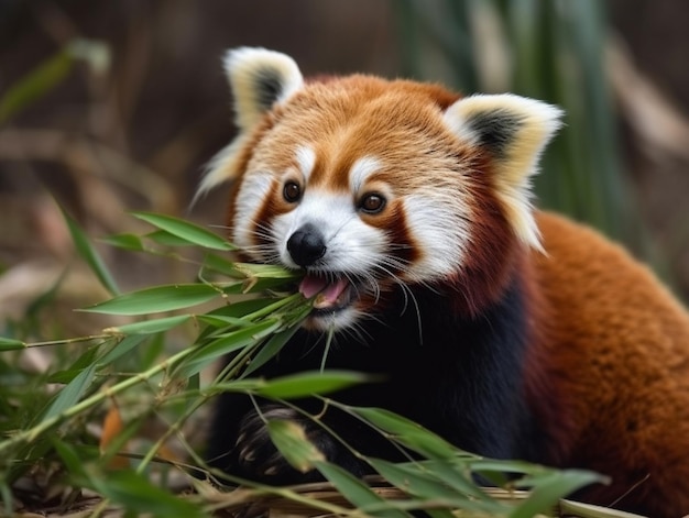 Een rode panda eet bamboe in een dierentuin.