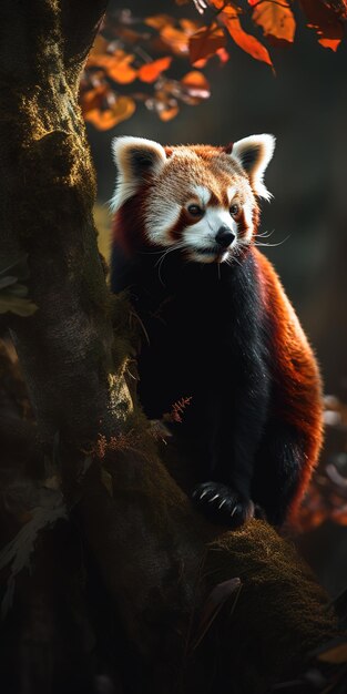 Foto een rode panda zit op een boomtak in een bos.