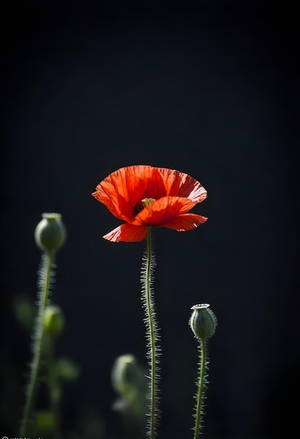 Een rode papaverbloem in focus met een donkere achtergrond