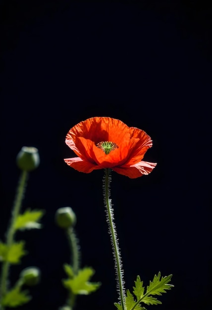 Een rode papaverbloem in focus met een donkere achtergrond