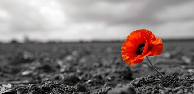 Foto een rode papaverbloem op de voorgrond van een leeg veld